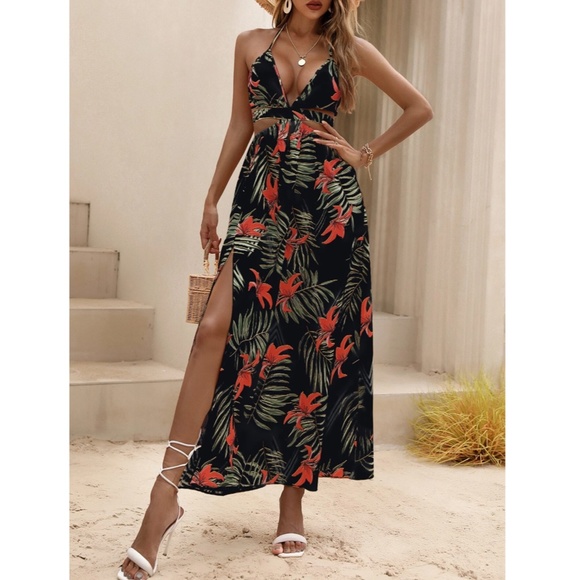 Black Boho Tropical Print Backless Maxi Dress V-Neck Floral Flared Red Green - Picture 4 of 10